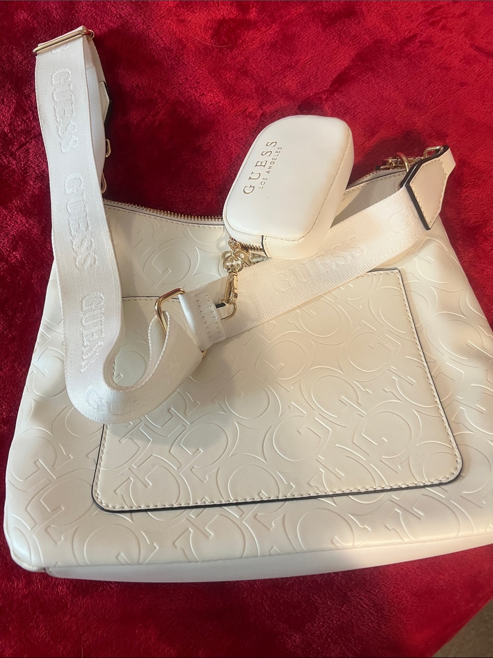 GUESS White Embossed Logo Shoulder Bag with Detachable Strap and Pouch